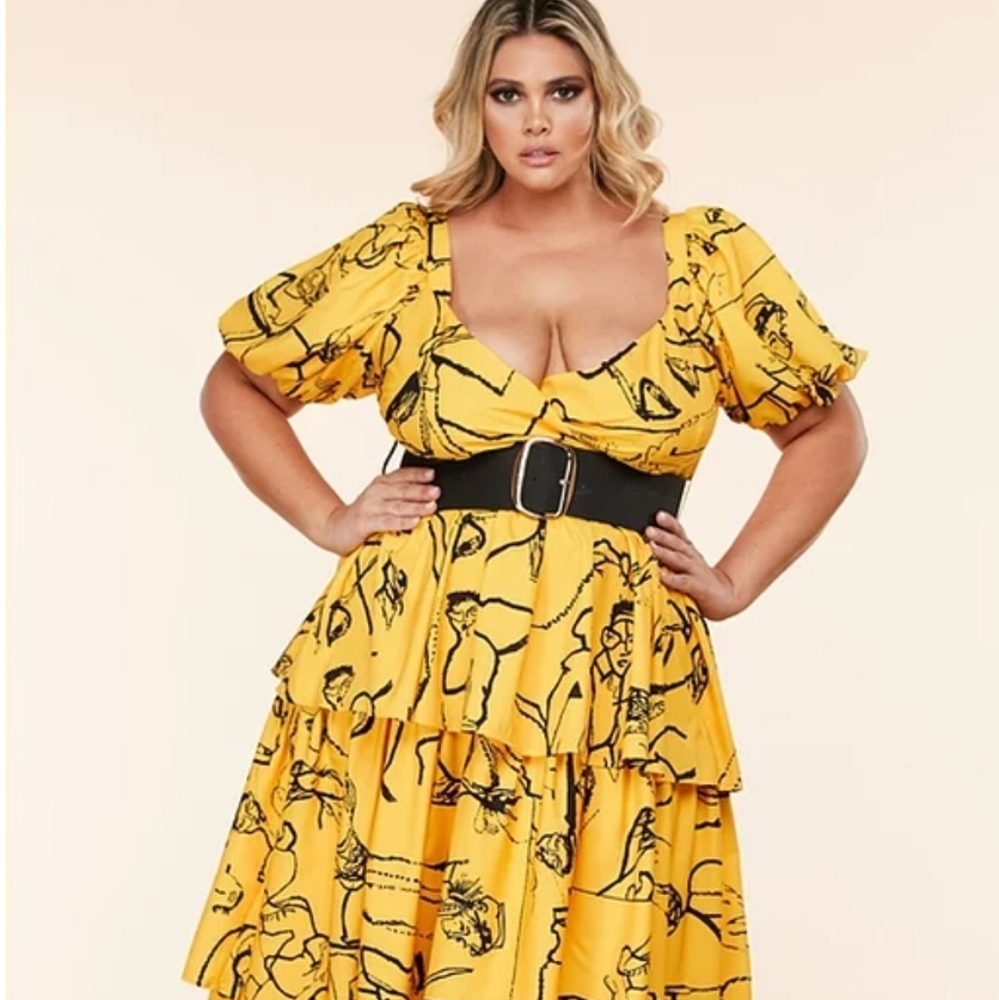 Abstract Face Print Tiered Maxi Dress